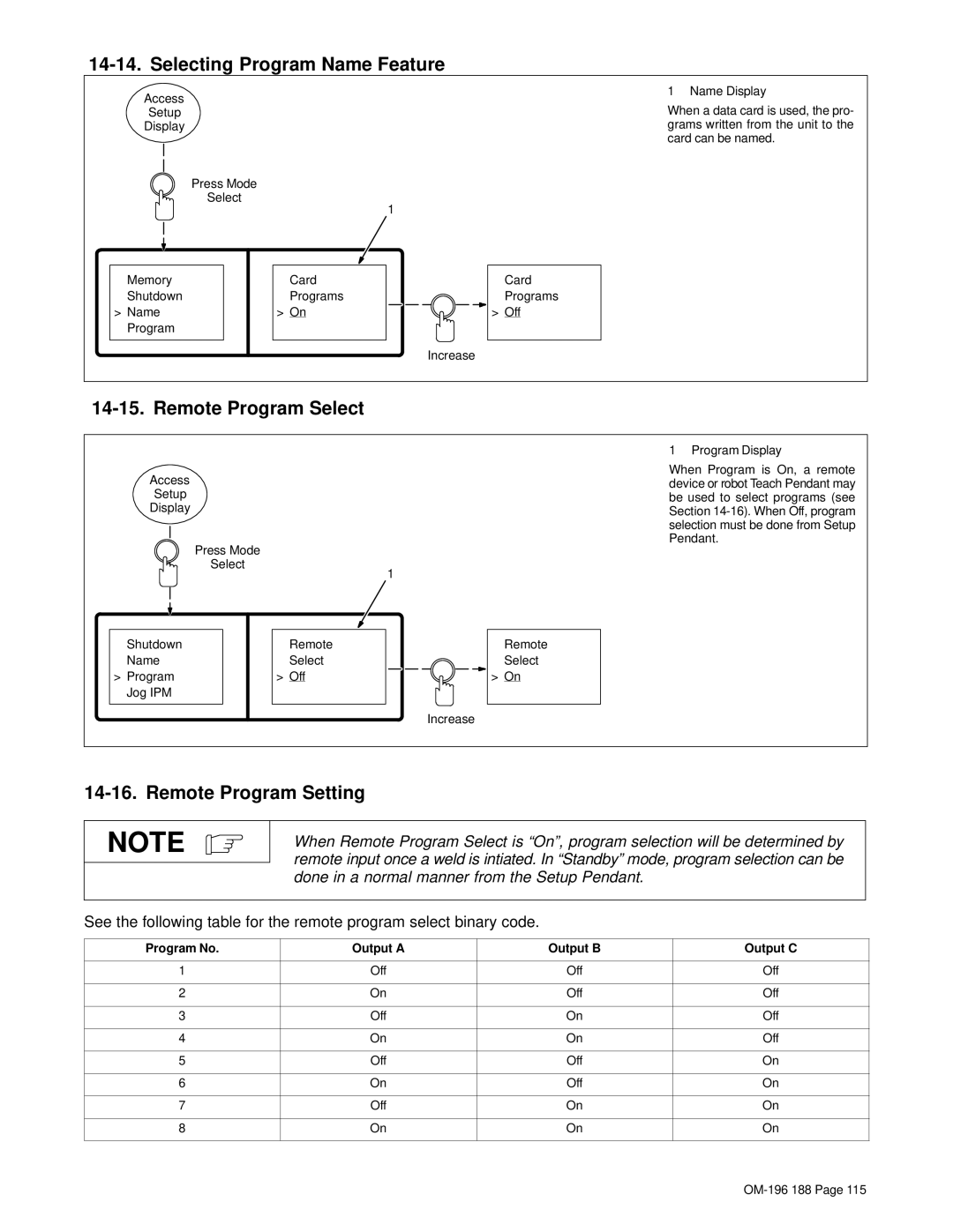 Miller Electric Welder operating instructions Selecting Program Name Feature, Remote Program Select, Remote Program Setting 