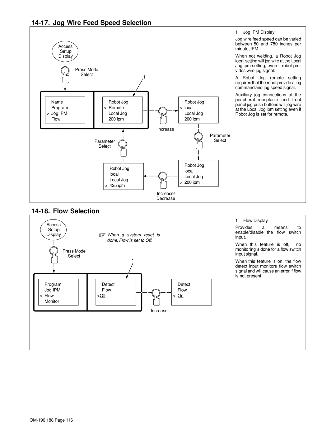 Miller Electric Welder operating instructions Jog Wire Feed Speed Selection, Flow Selection 