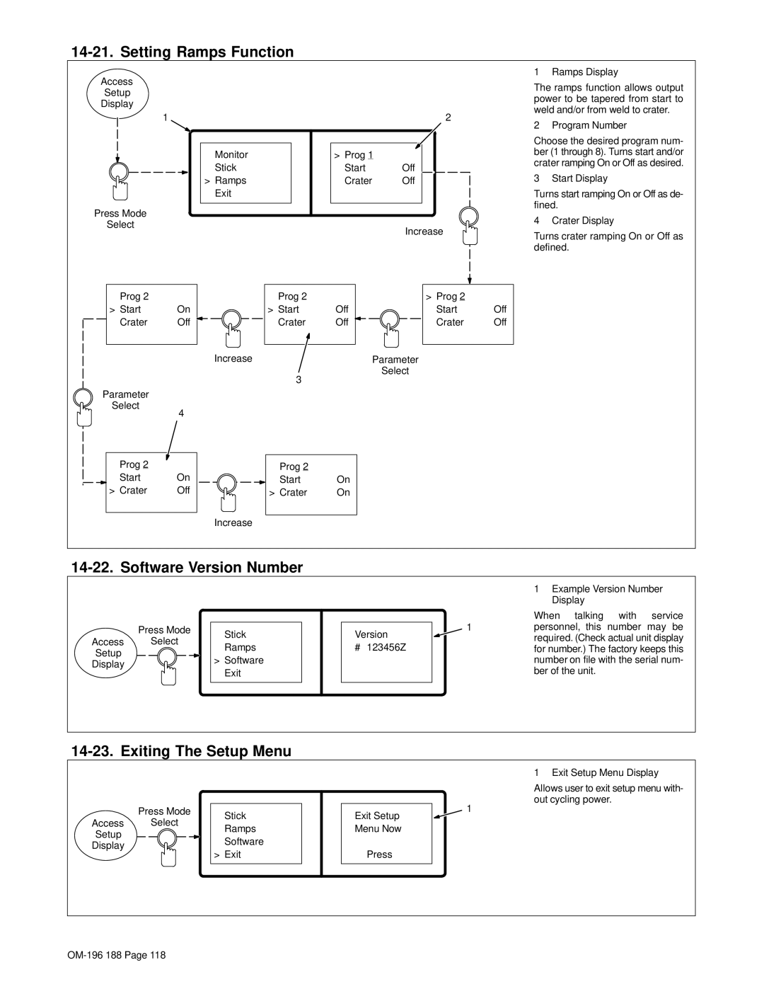 Miller Electric Welder operating instructions Setting Ramps Function, Software Version Number, Exiting The Setup Menu 