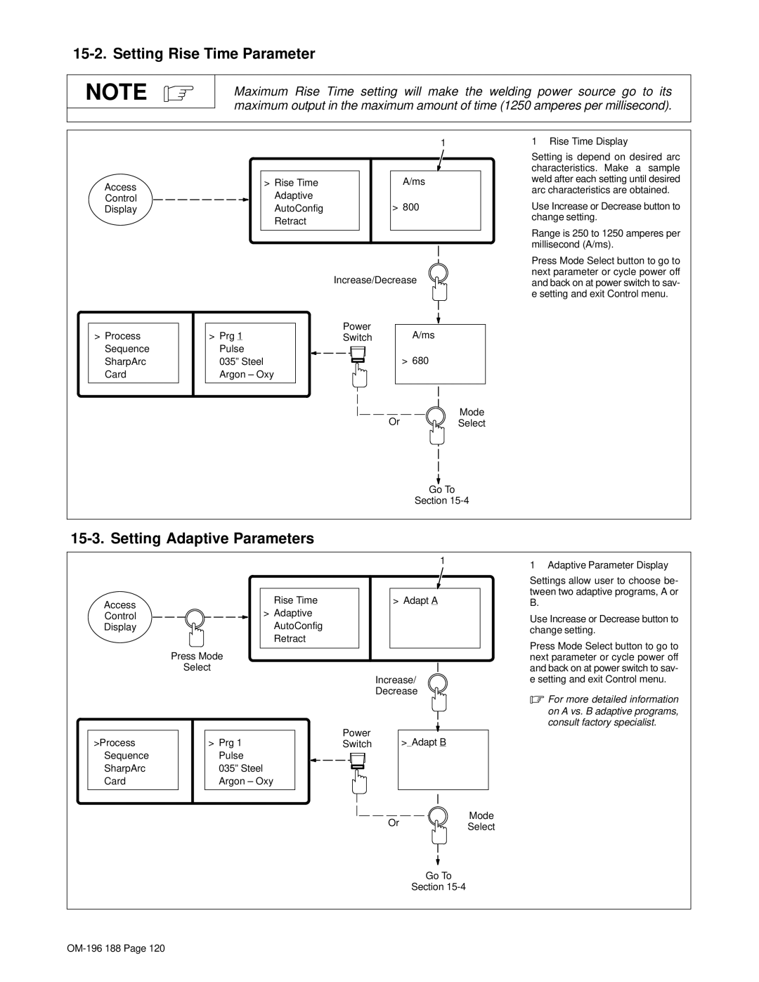 Miller Electric Welder operating instructions Setting Rise Time Parameter, Setting Adaptive Parameters 