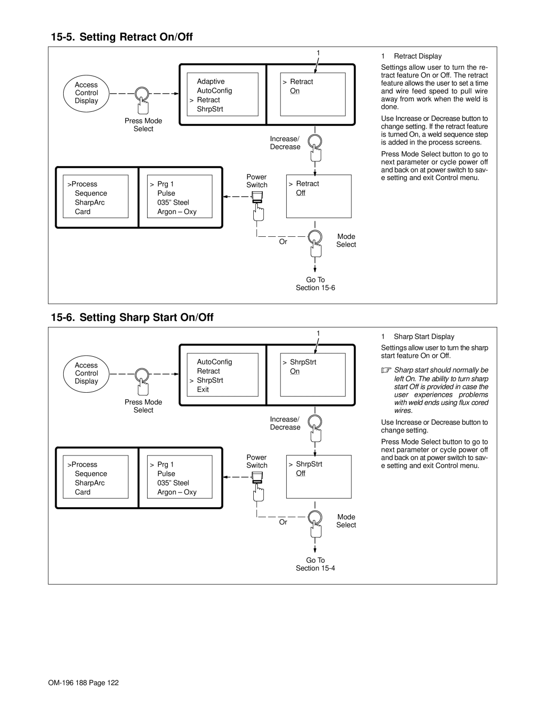 Miller Electric Welder operating instructions Setting Retract On/Off, Setting Sharp Start On/Off 