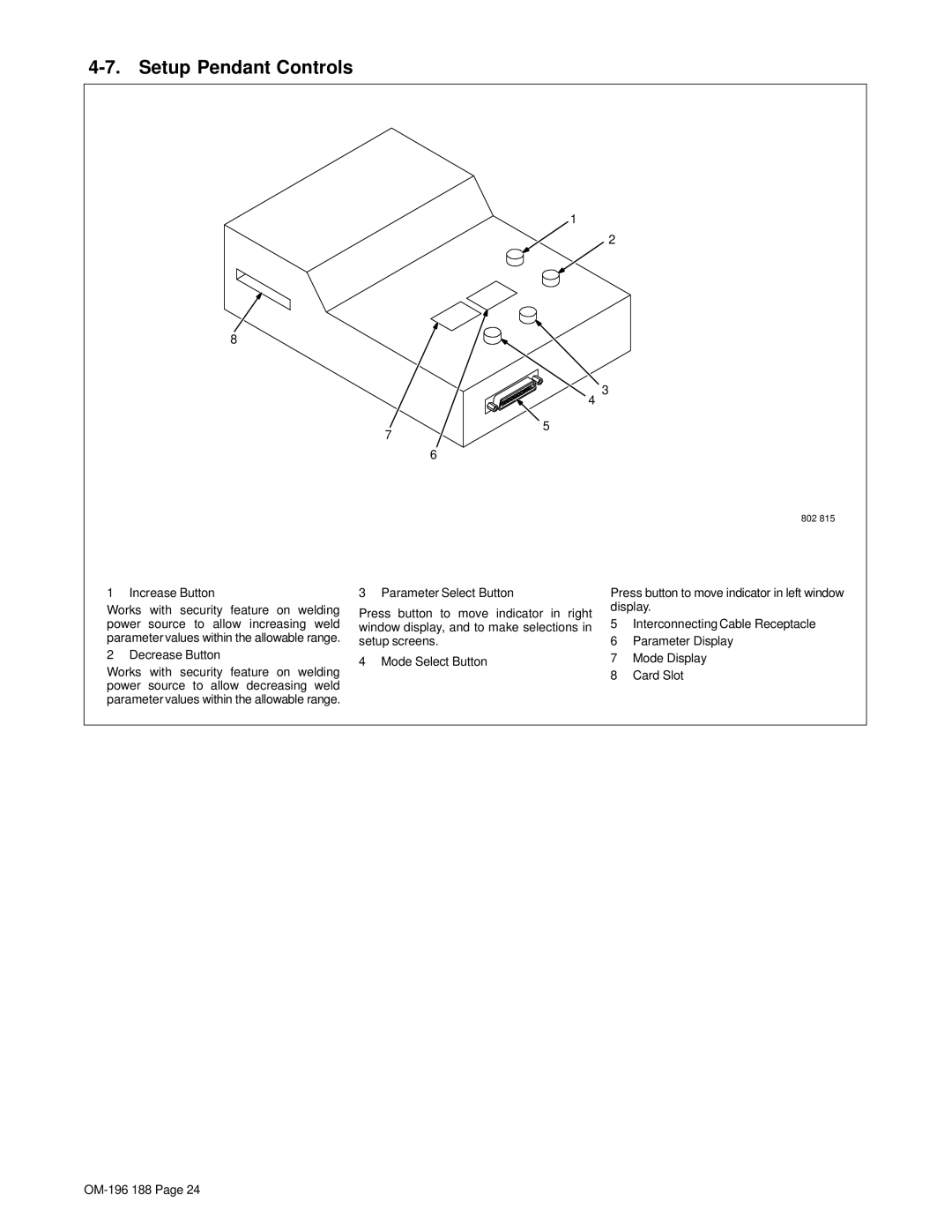 Miller Electric Welder operating instructions Setup Pendant Controls, Increase Button 