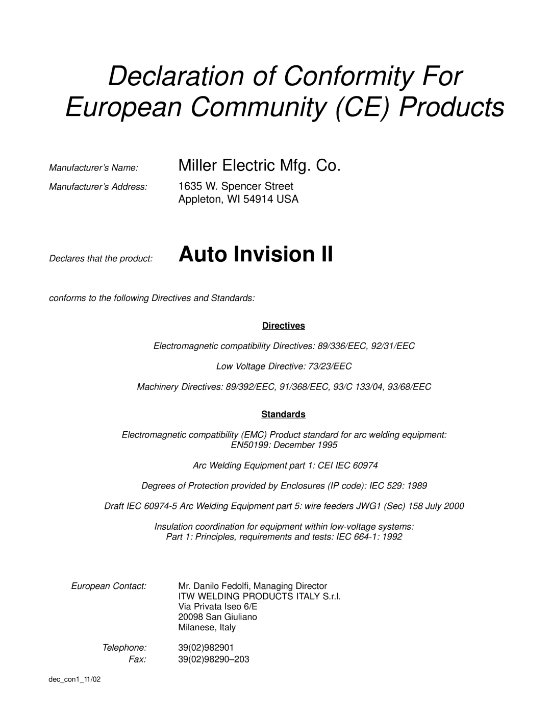 Miller Electric Welder operating instructions Directives, Standards 