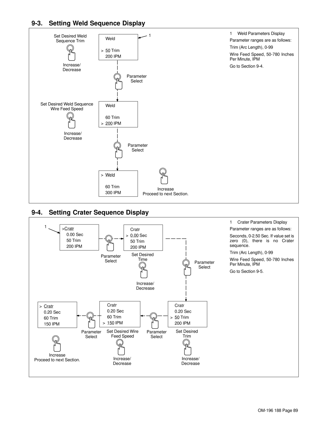 Miller Electric Welder operating instructions Setting Weld Sequence Display, Setting Crater Sequence Display 