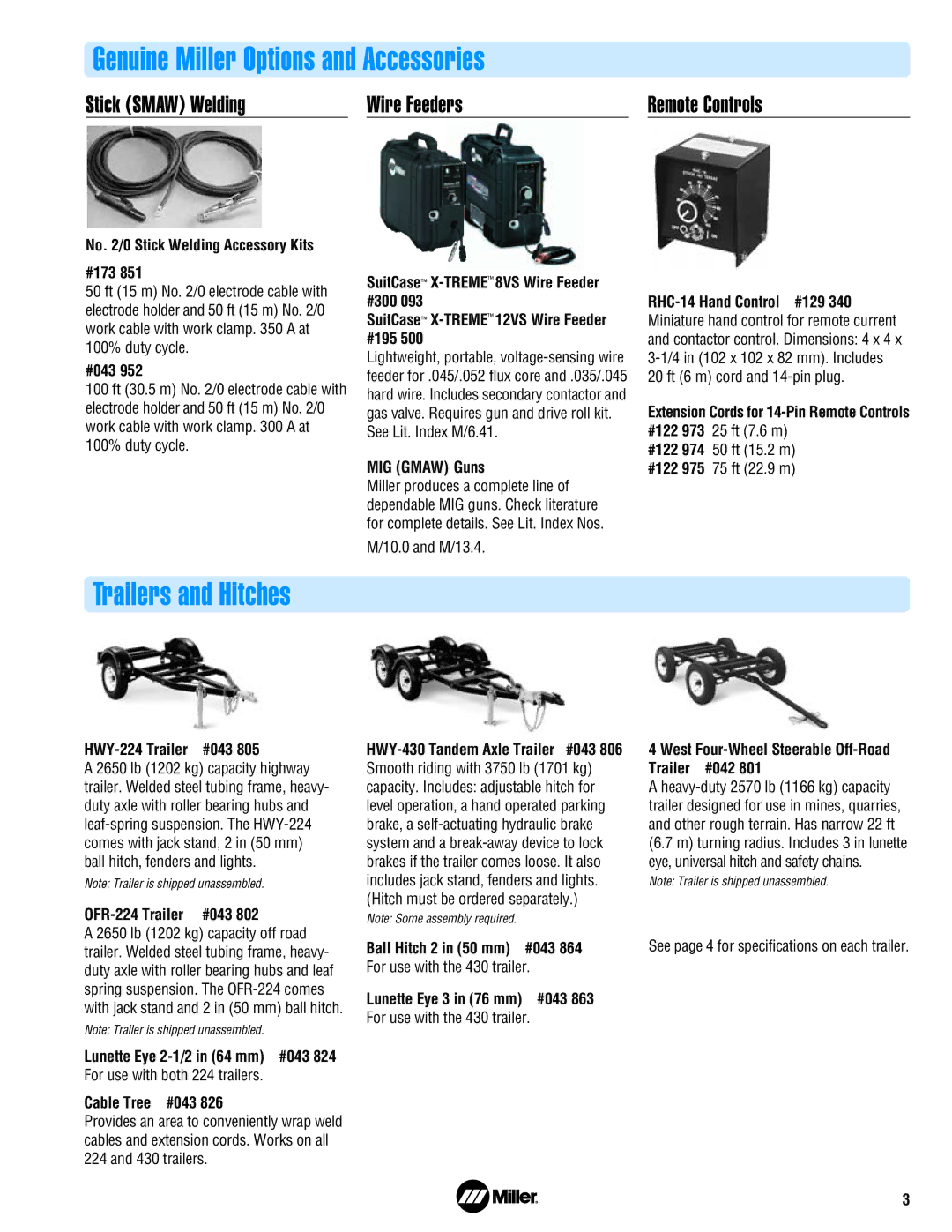 Miller Electric Welder/Generator manual Genuine Miller Options and Accessories, Trailers and Hitches 