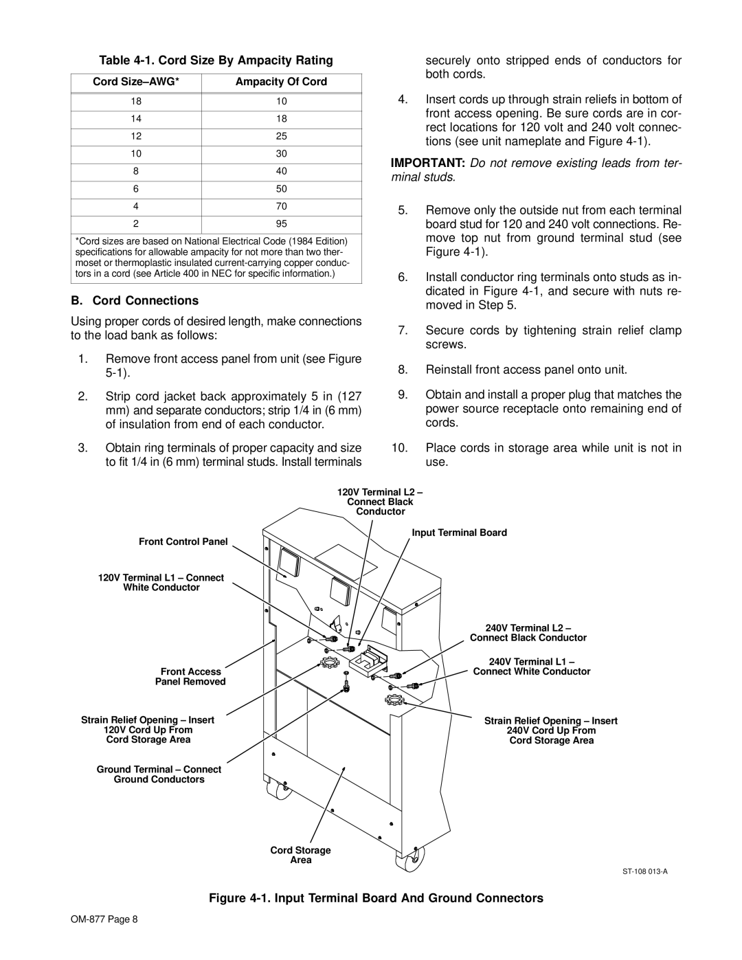 Miller Electric wire feeder owner manual Cord Size By Ampacity Rating, Cord Connections 