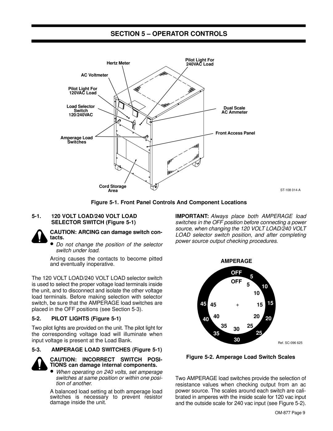 Miller Electric wire feeder owner manual Operator Controls, Pilot Lights Figure, Amperage Load Switches Figure, Off 