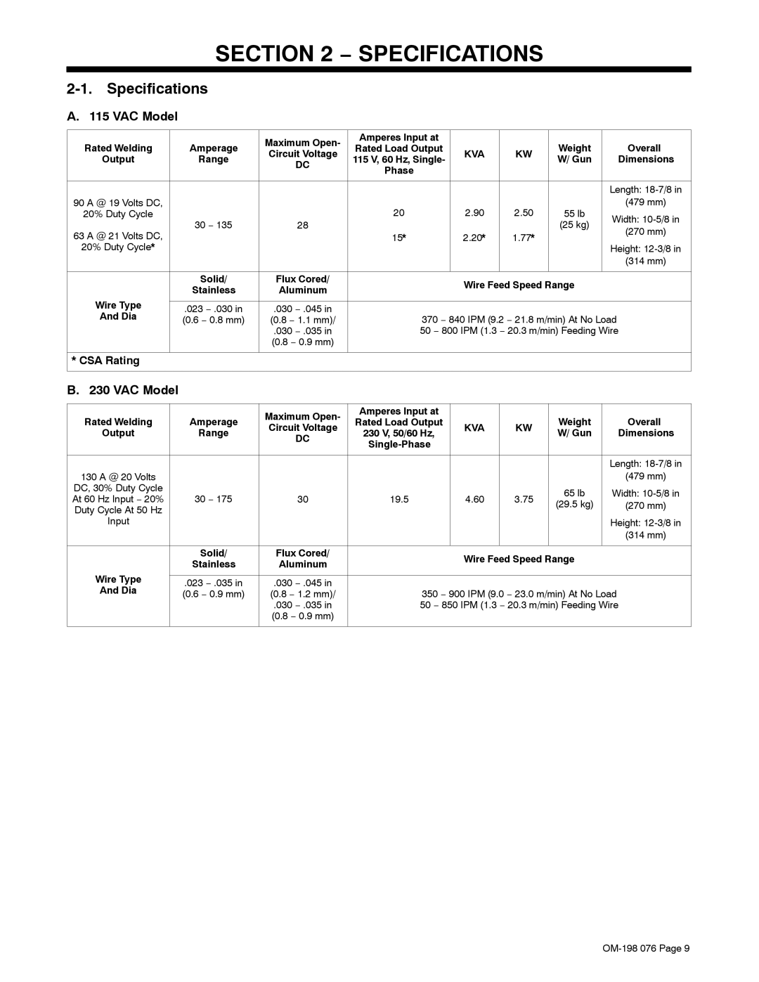 Miller Electric XLT 135, XLT 165, XLT 165, XLT 135 warranty Specifications, VAC Model 