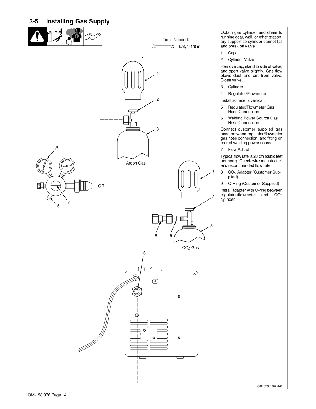 Miller Electric XLT 165, XLT 135, XLT 135, XLT 165 Installing Gas Supply, Flow Adjust, CO2 Adapter Customer Sup- plied 