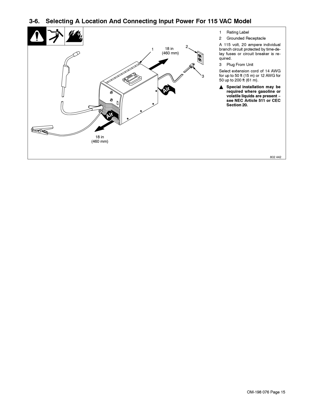 Miller Electric XLT 135, XLT 165 Rating Label, Grounded Receptacle, Volt, 20 ampere individual, Up to 200 ft 61 m, 460 mm 