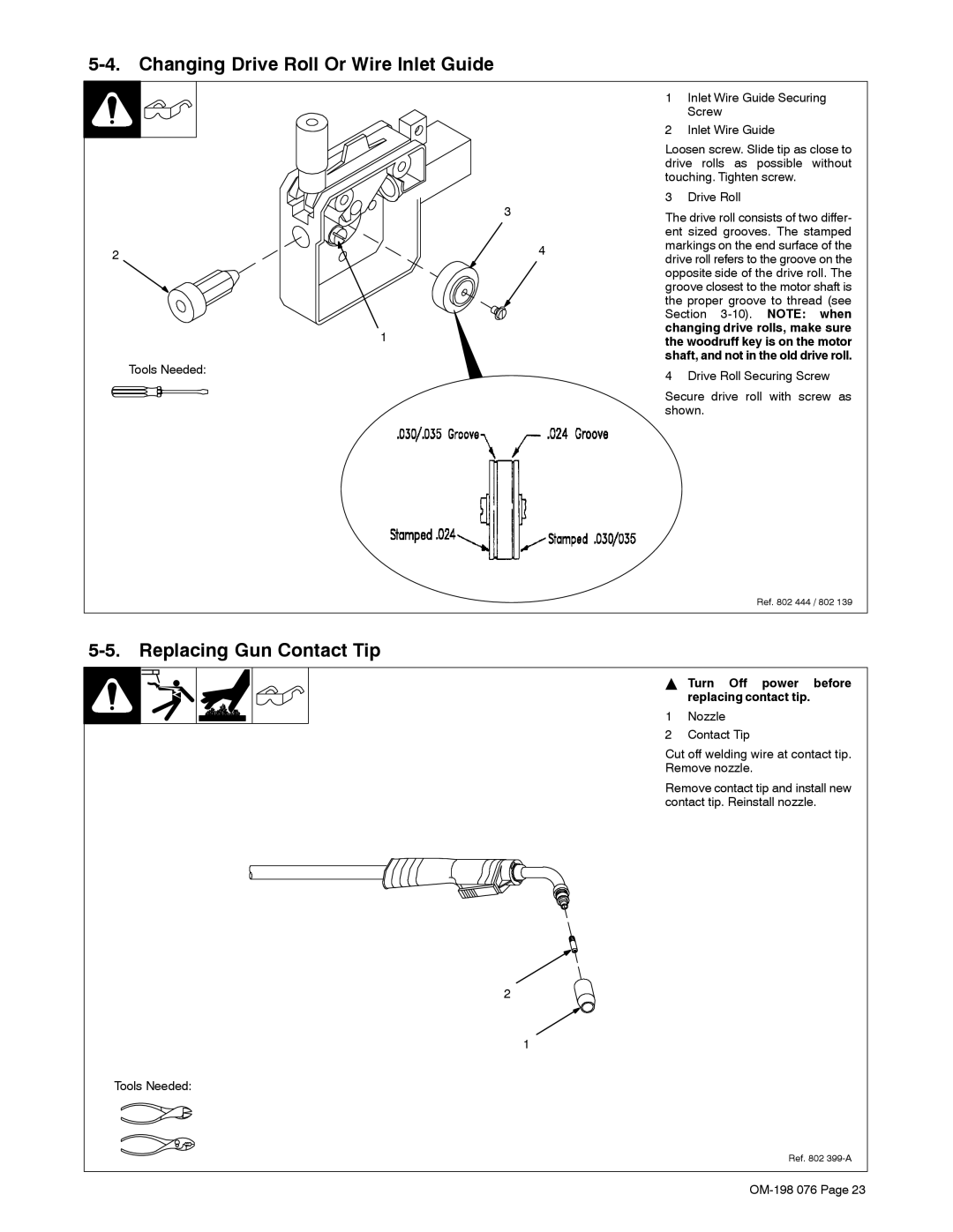 Miller Electric XLT 135, XLT 165, XLT 165, XLT 135 Changing Drive Roll Or Wire Inlet Guide, Replacing Gun Contact Tip 