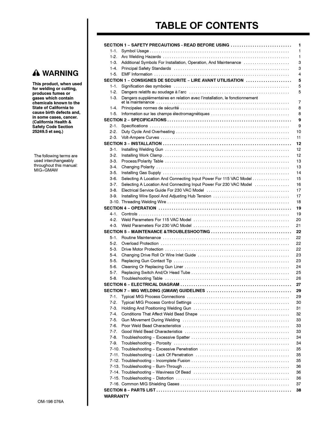 Miller Electric XLT 135, XLT 165, XLT 165, XLT 135 warranty Table of Contents 