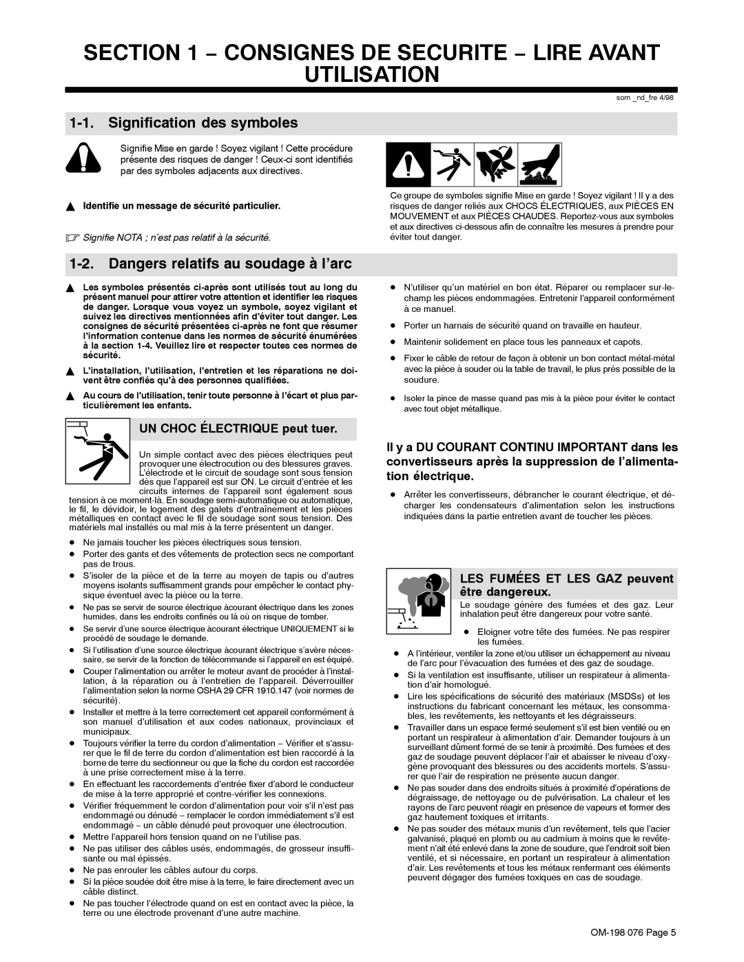 Miller Electric XLT 135, XLT 165 warranty Consignes DE Securite − Lire Avant Utilisation, Signification des symboles 