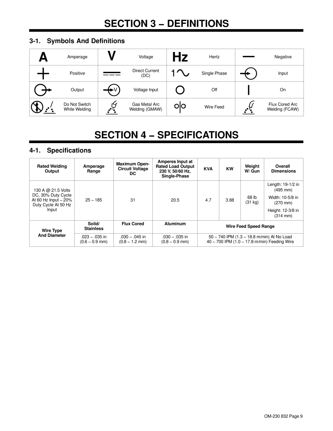 Miller Electric XLT 185 warranty Specifications, Symbols And Definitions 