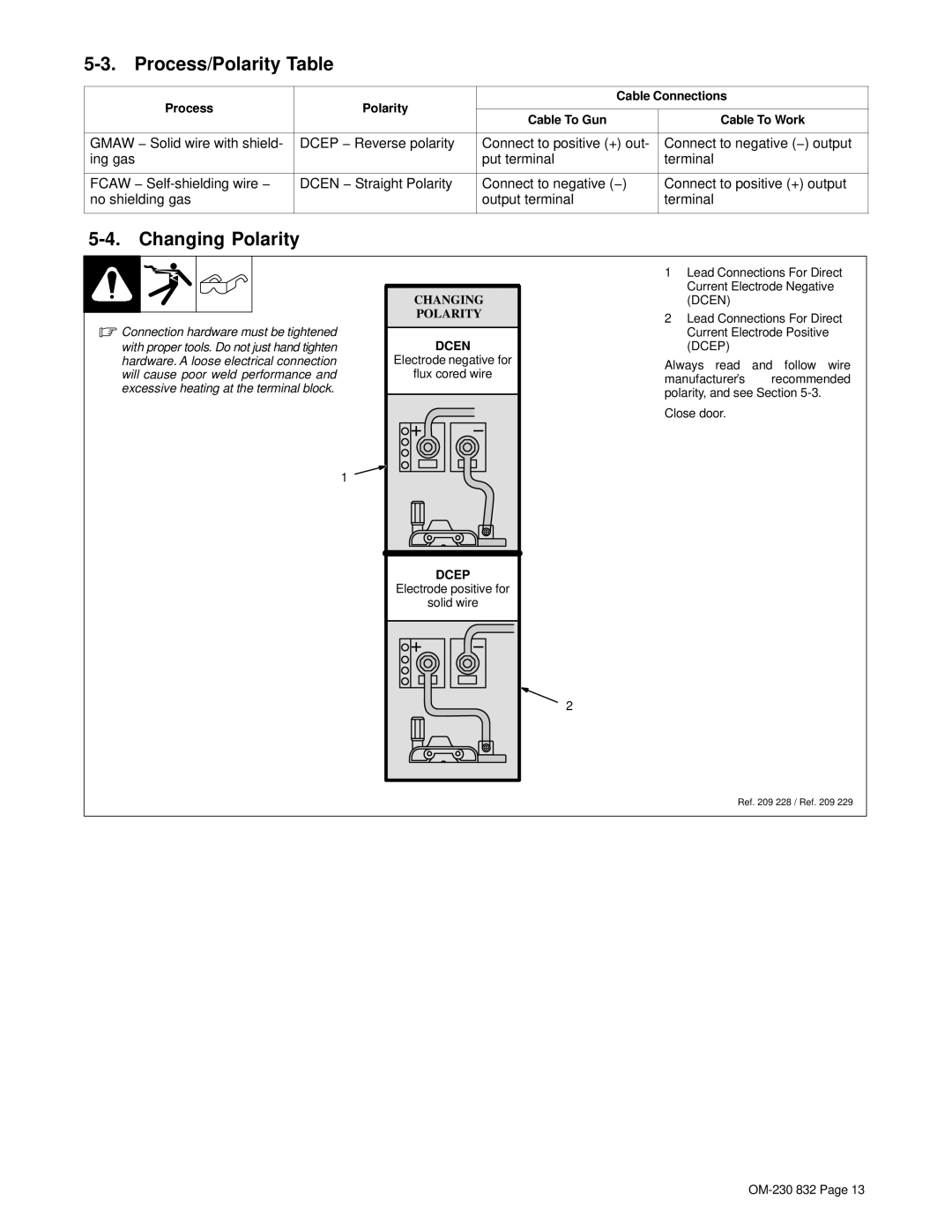 Miller Electric XLT 185 warranty Process/Polarity Table, Changing Polarity 