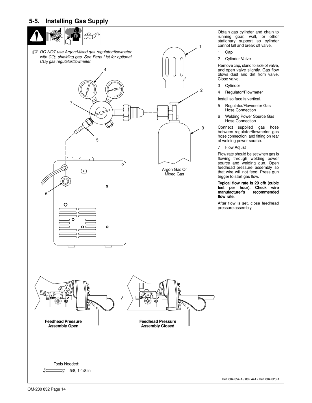 Miller Electric XLT 185 Installing Gas Supply, After flow is set, close feedhead pressure assembly, Tools Needed 1-1/8 