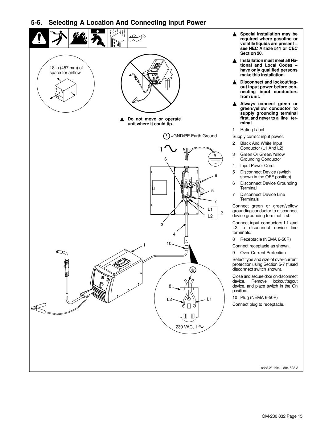 Miller Electric XLT 185 warranty Selecting a Location And Connecting Input Power, First, and never to a line ter- minal 