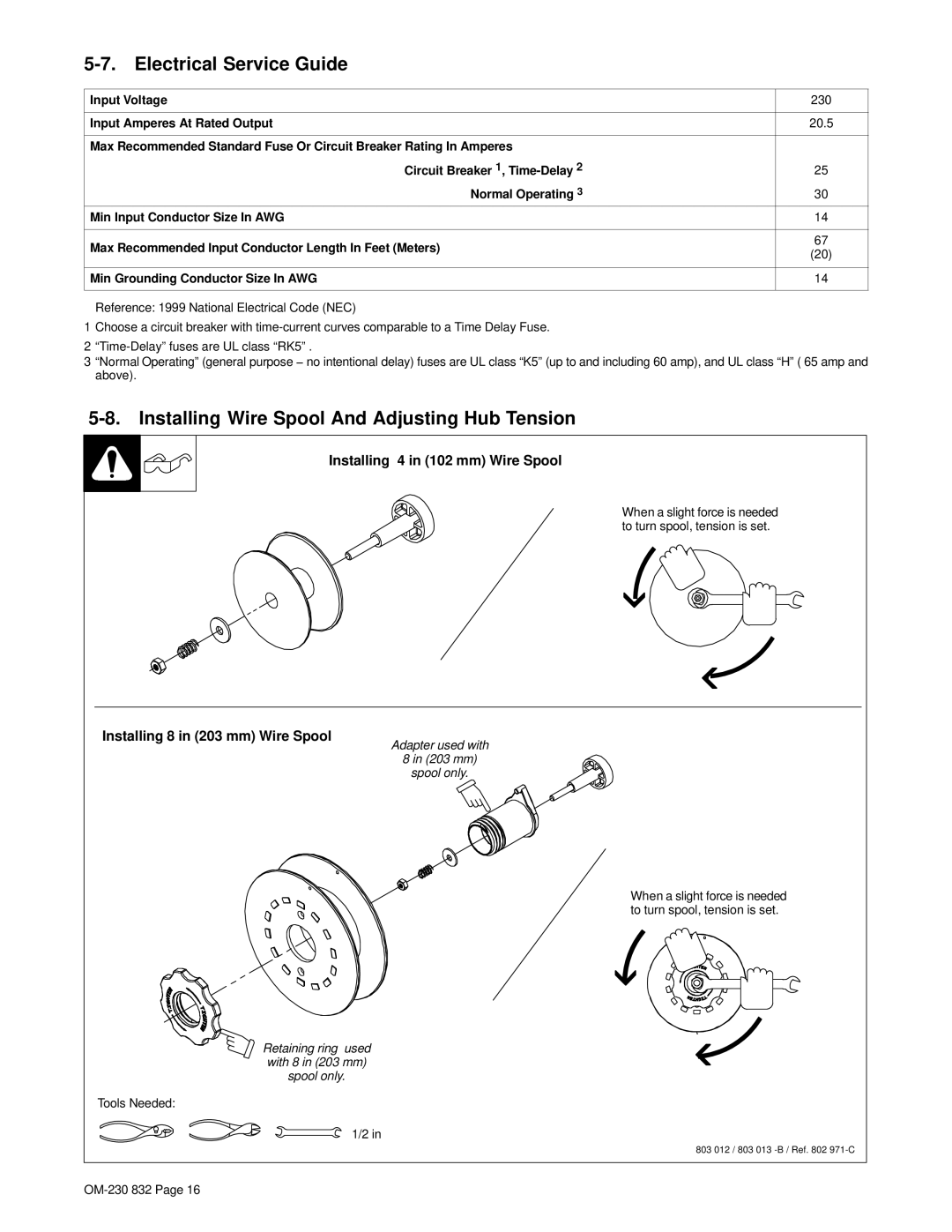 Miller Electric XLT 185 warranty Electrical Service Guide, Installing Wire Spool And Adjusting Hub Tension, Tools Needed 