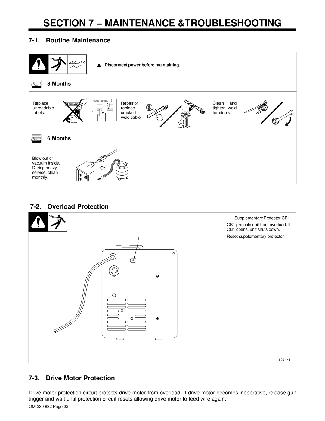 Miller Electric XLT 185 Maintenance &TROUBLESHOOTING, Routine Maintenance, Overload Protection Drive Motor Protection 