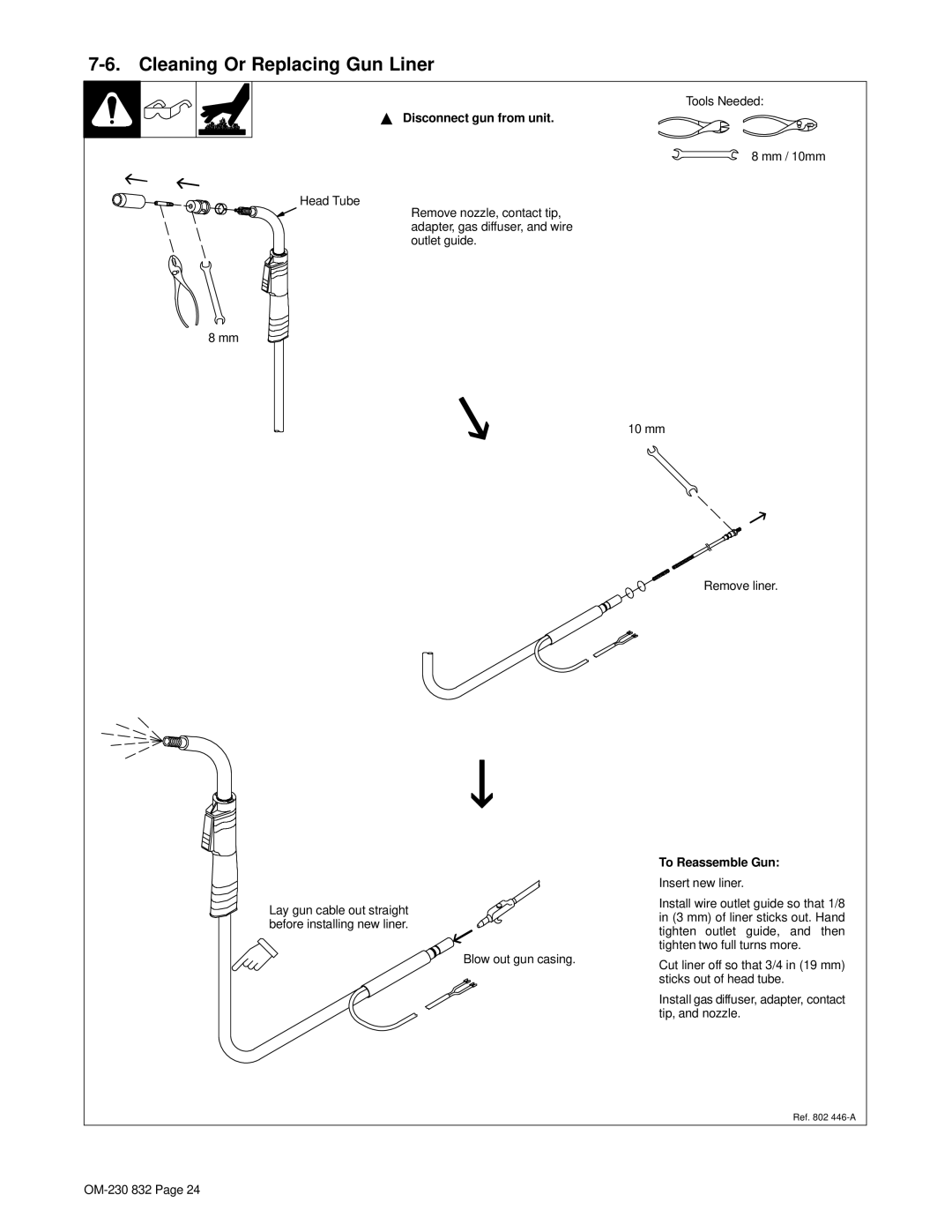 Miller Electric XLT 185 warranty Cleaning Or Replacing Gun Liner, Disconnect gun from unit, To Reassemble Gun 