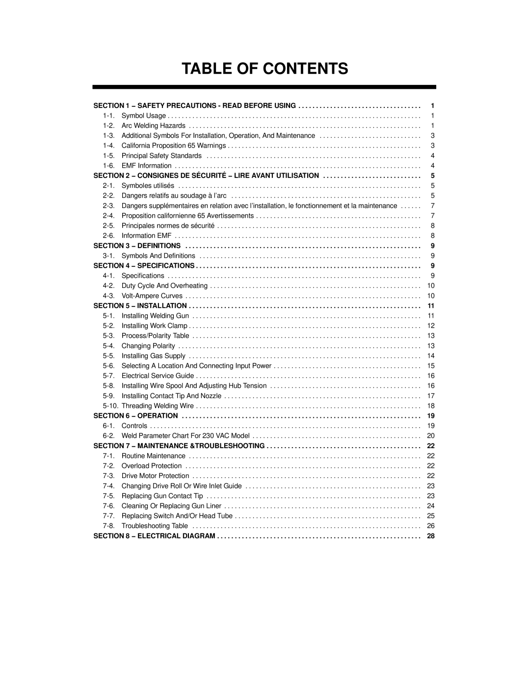 Miller Electric XLT 185 warranty Table of Contents 