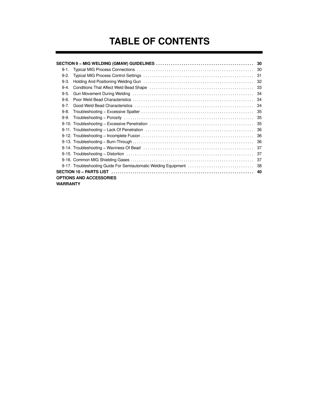 Miller Electric XLT 185 warranty MIG Welding Gmaw Guidelines, Typical MIG Process Connections, Parts List 