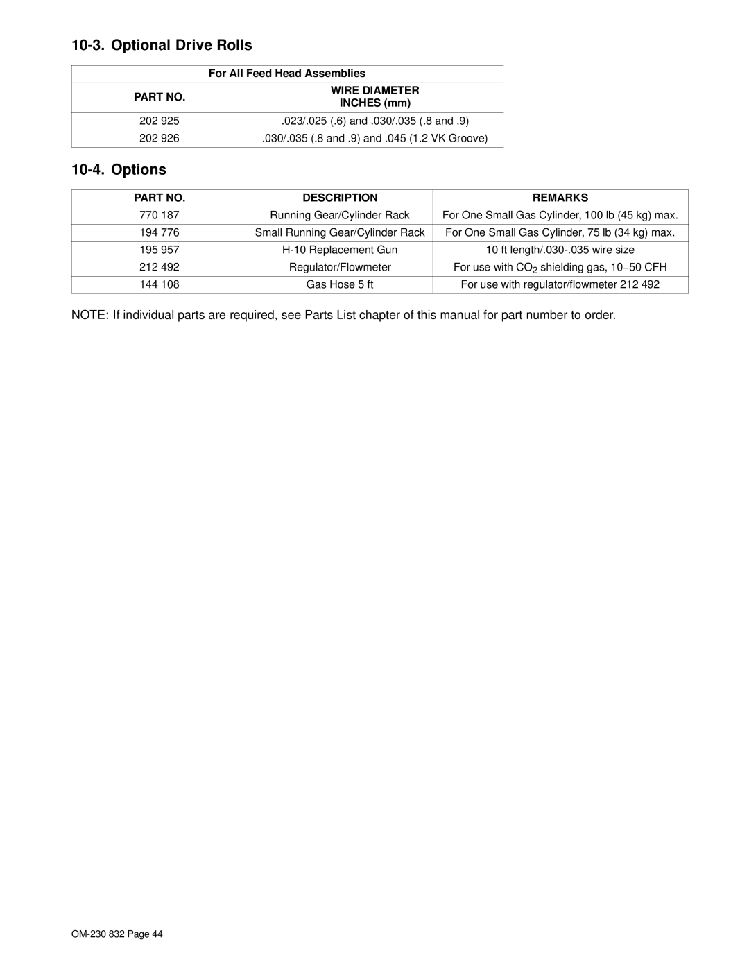 Miller Electric XLT 185 warranty Optional Drive Rolls, Options 