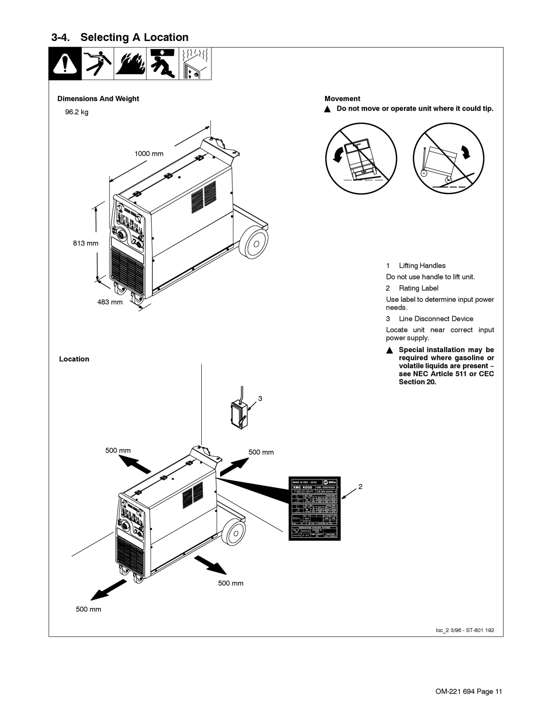 Miller Electric XMC 4000 manual Selecting a Location, Dimensions And Weight 