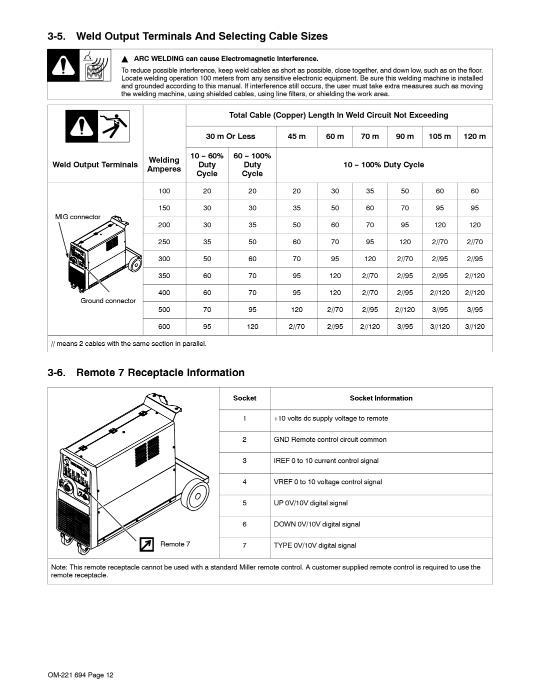 Miller Electric XMC 4000 manual Weld Output Terminals And Selecting Cable Sizes, Remote 7 Receptacle Information, 120 m 