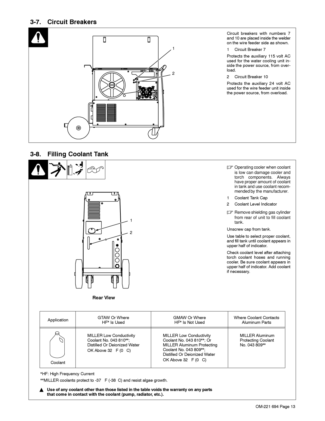 Miller Electric XMC 4000 manual Circuit Breakers, Filling Coolant Tank, Operating cooler when coolant 