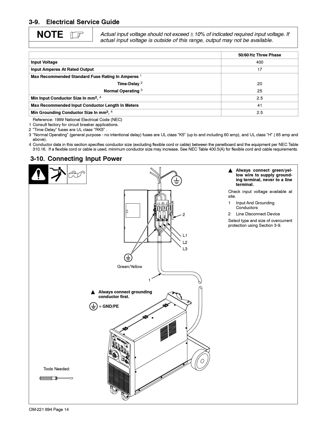 Miller Electric XMC 4000 manual Electrical Service Guide, Connecting Input Power, 50/60 Hz Three Phase, = Gnd/Pe 