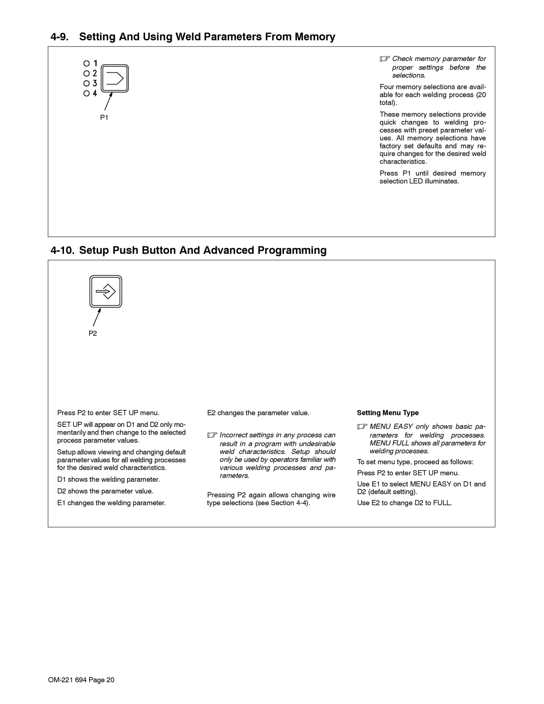 Miller Electric XMC 4000 manual Setting And Using Weld Parameters From Memory, Setup Push Button And Advanced Programming 