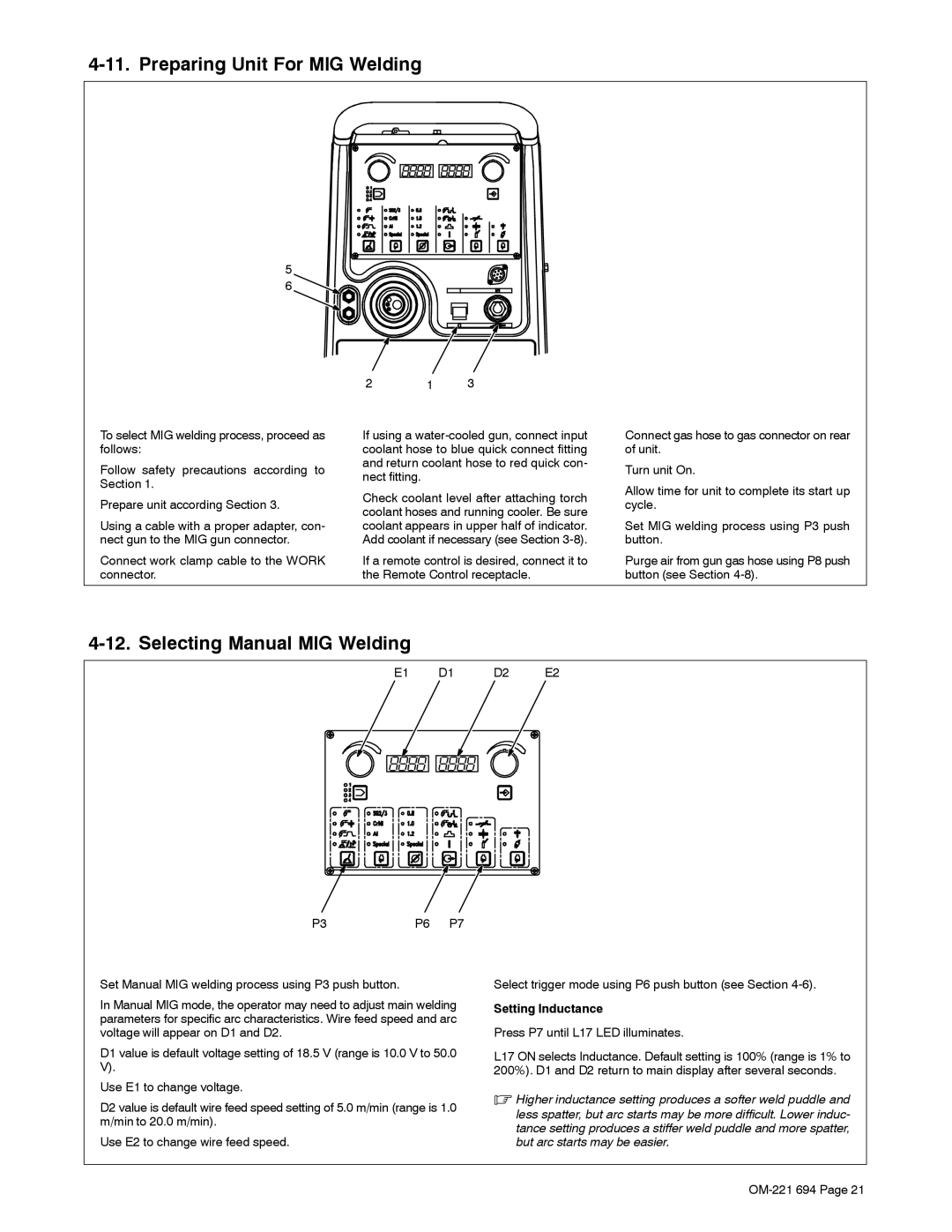 Miller Electric XMC 4000 manual Preparing Unit For MIG Welding, Selecting Manual MIG Welding, Setting Inductance 