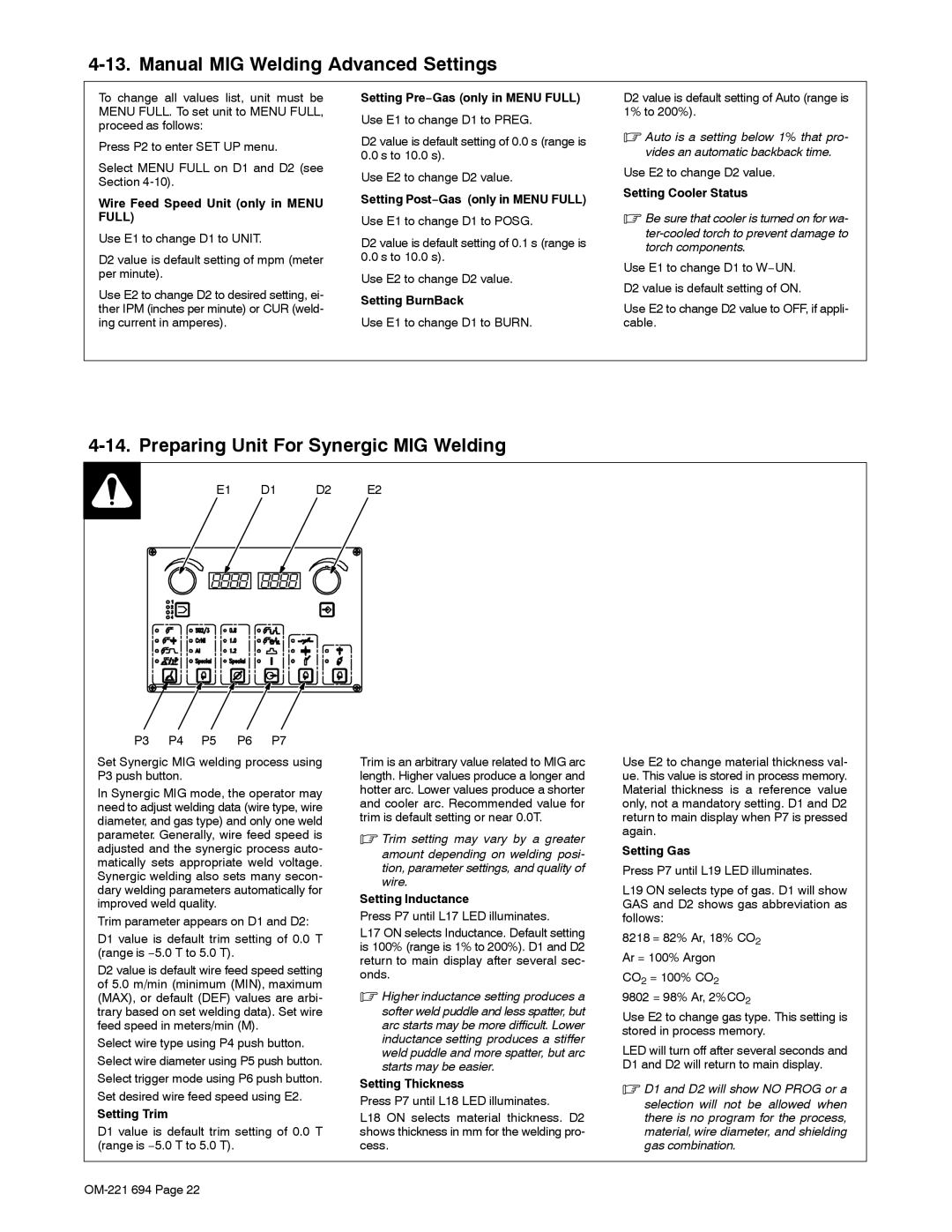 Miller Electric XMC 4000 manual Manual MIG Welding Advanced Settings, Preparing Unit For Synergic MIG Welding 