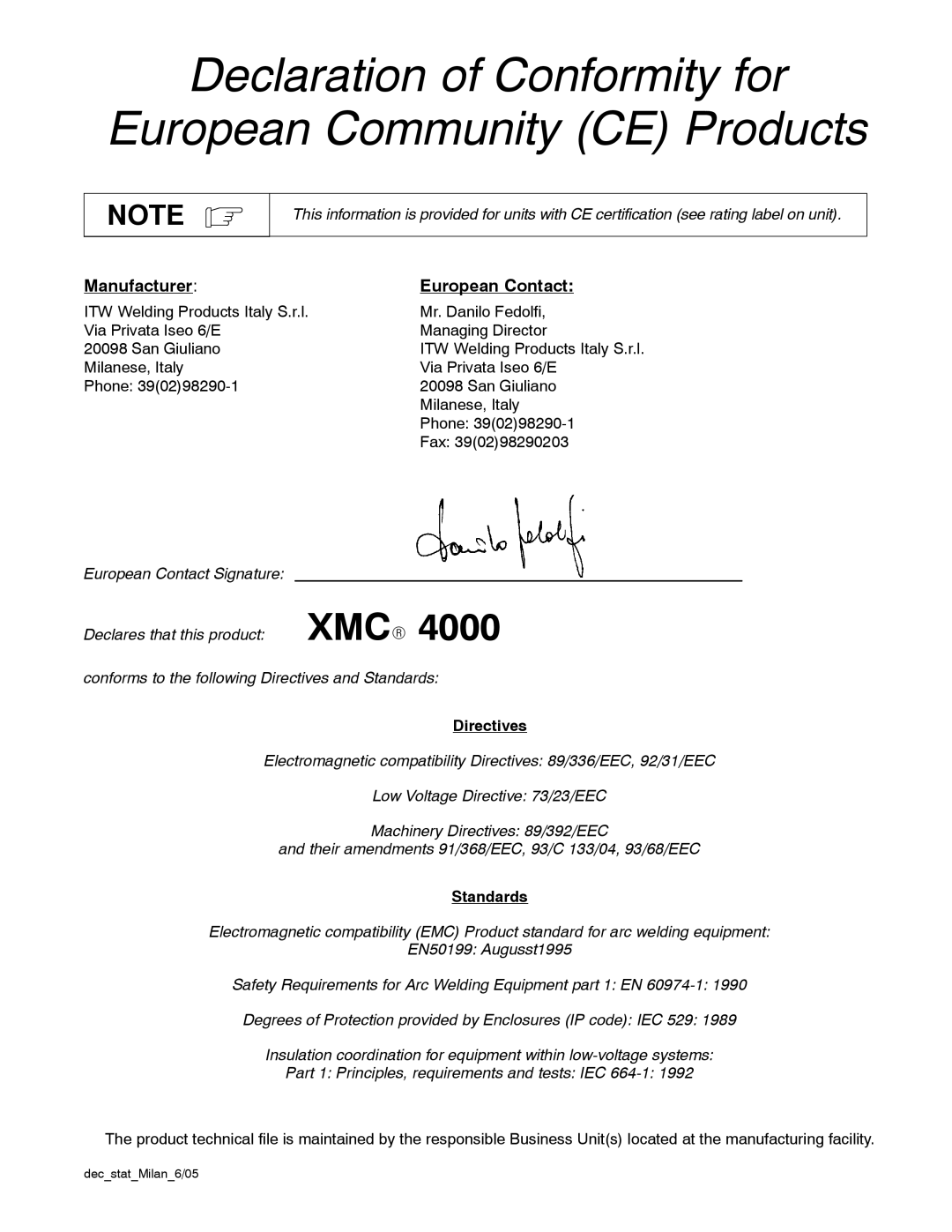 Miller Electric XMC 4000 manual Declaration of Conformity for European Community CE Products 