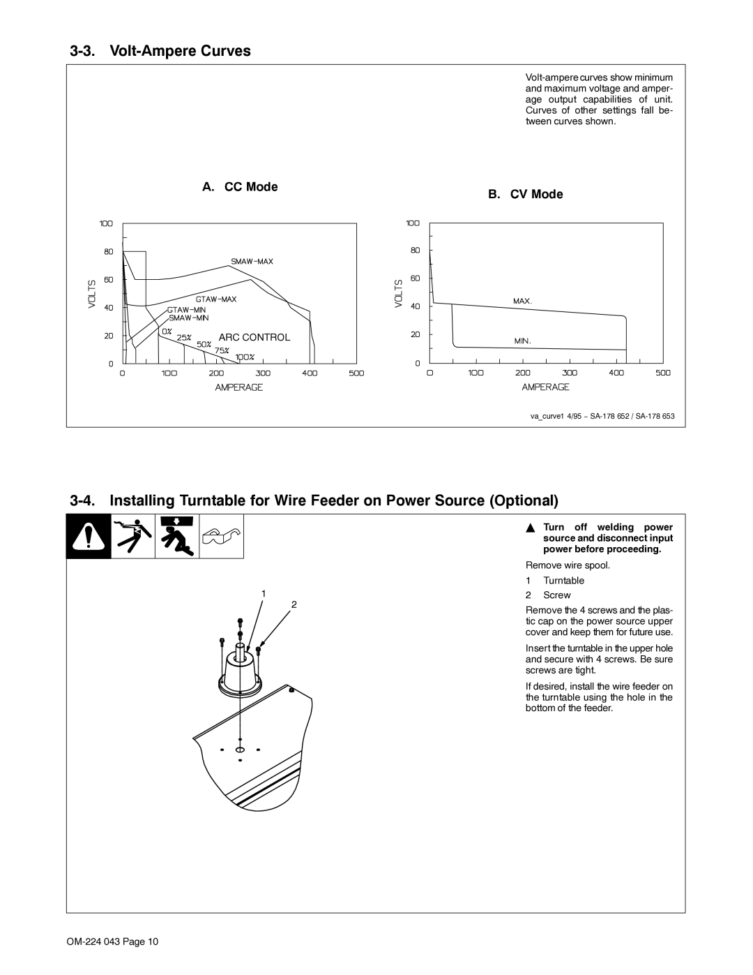 Miller Electric XMS 4000 manual Volt-Ampere Curves, Remove wire spool Turntable Screw 