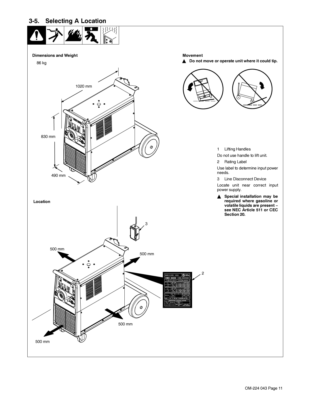 Miller Electric XMS 4000 manual Selecting a Location, Dimensions and Weight 