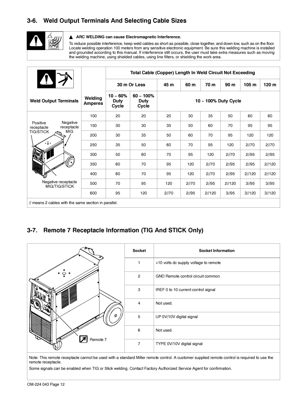 Miller Electric XMS 4000 manual Weld Output Terminals And Selecting Cable Sizes, 120 m, Socket Information 