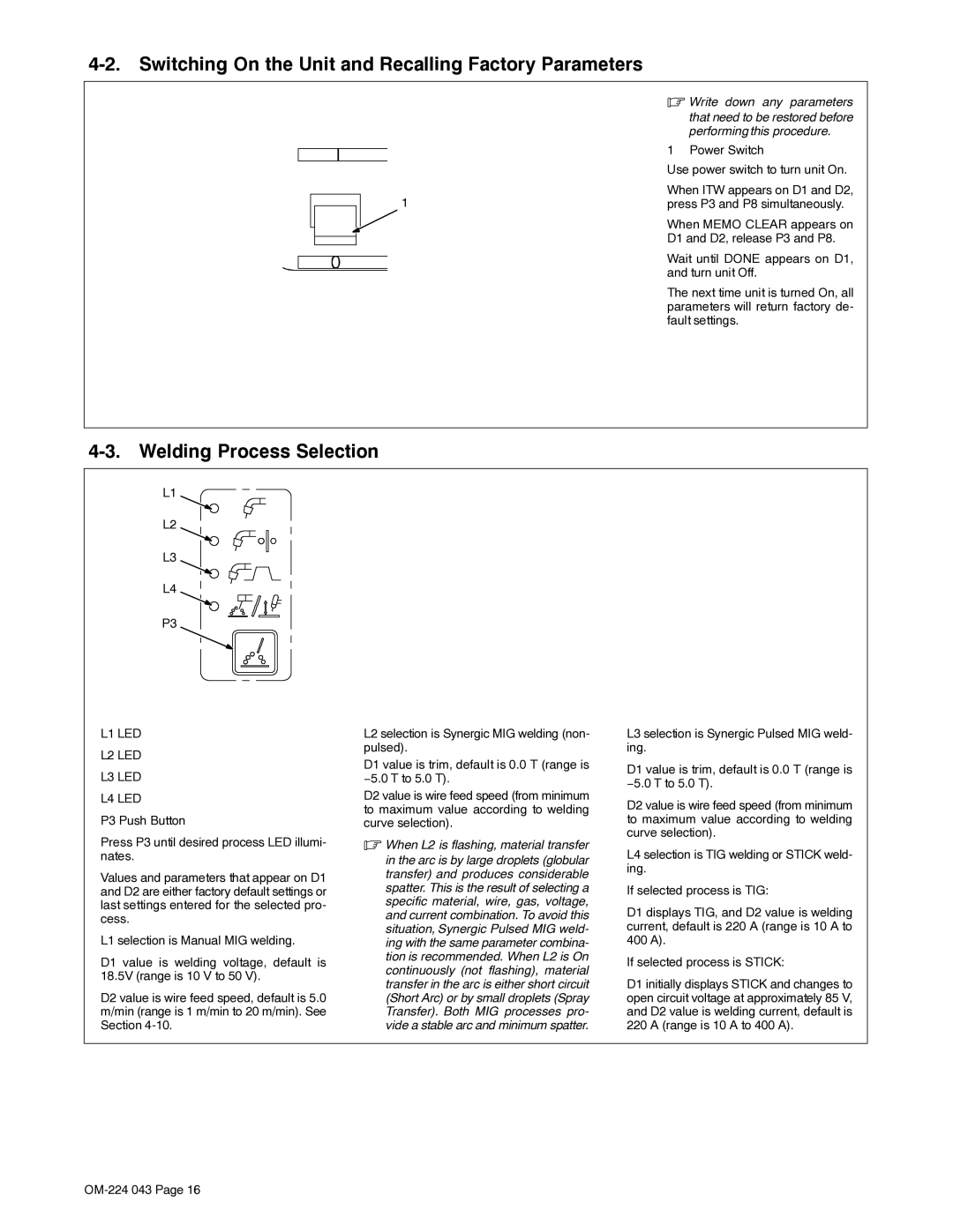 Miller Electric XMS 4000 manual Switching On the Unit and Recalling Factory Parameters, Welding Process Selection 