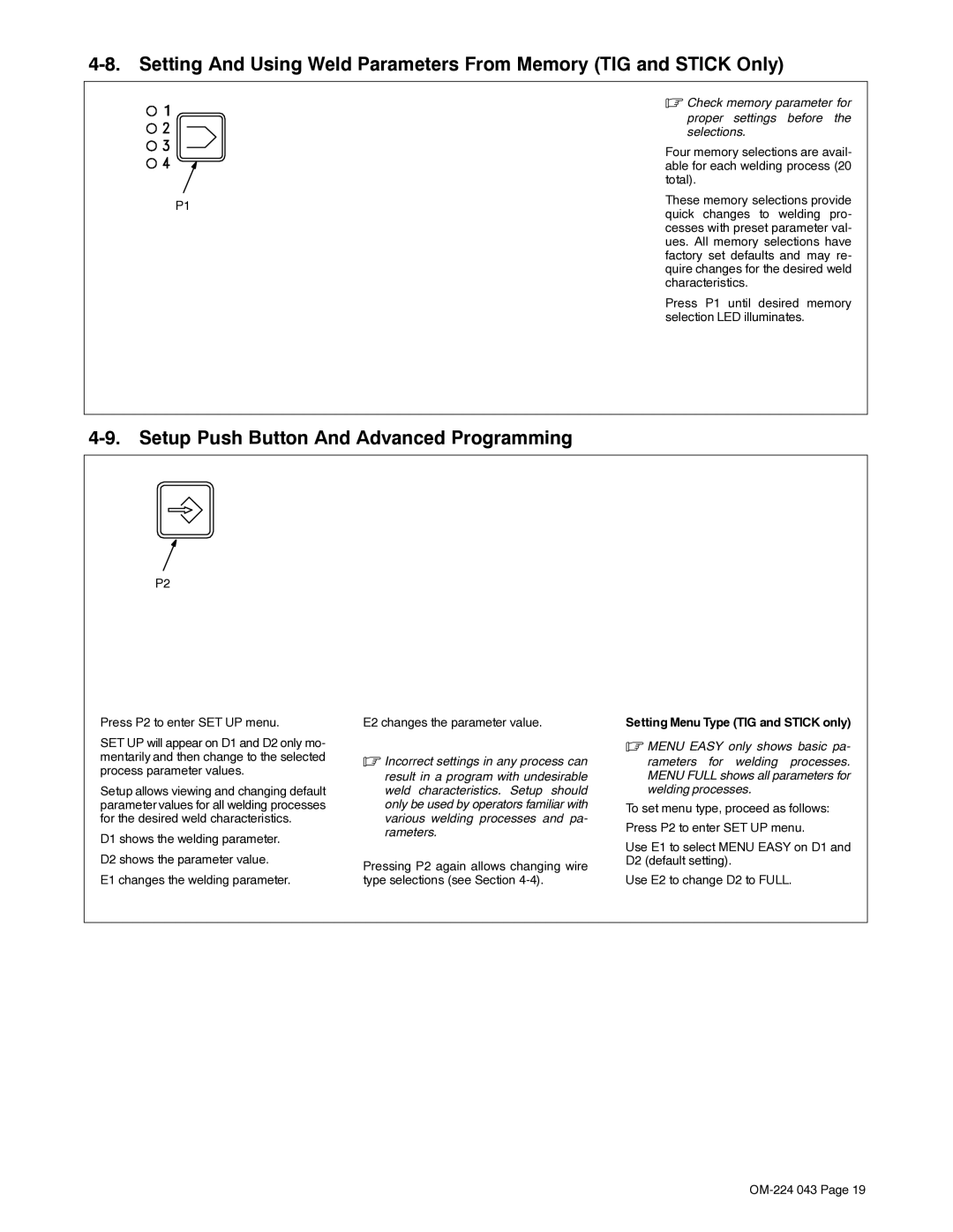 Miller Electric XMS 4000 manual Setup Push Button And Advanced Programming, Setting Menu Type TIG and Stick only 