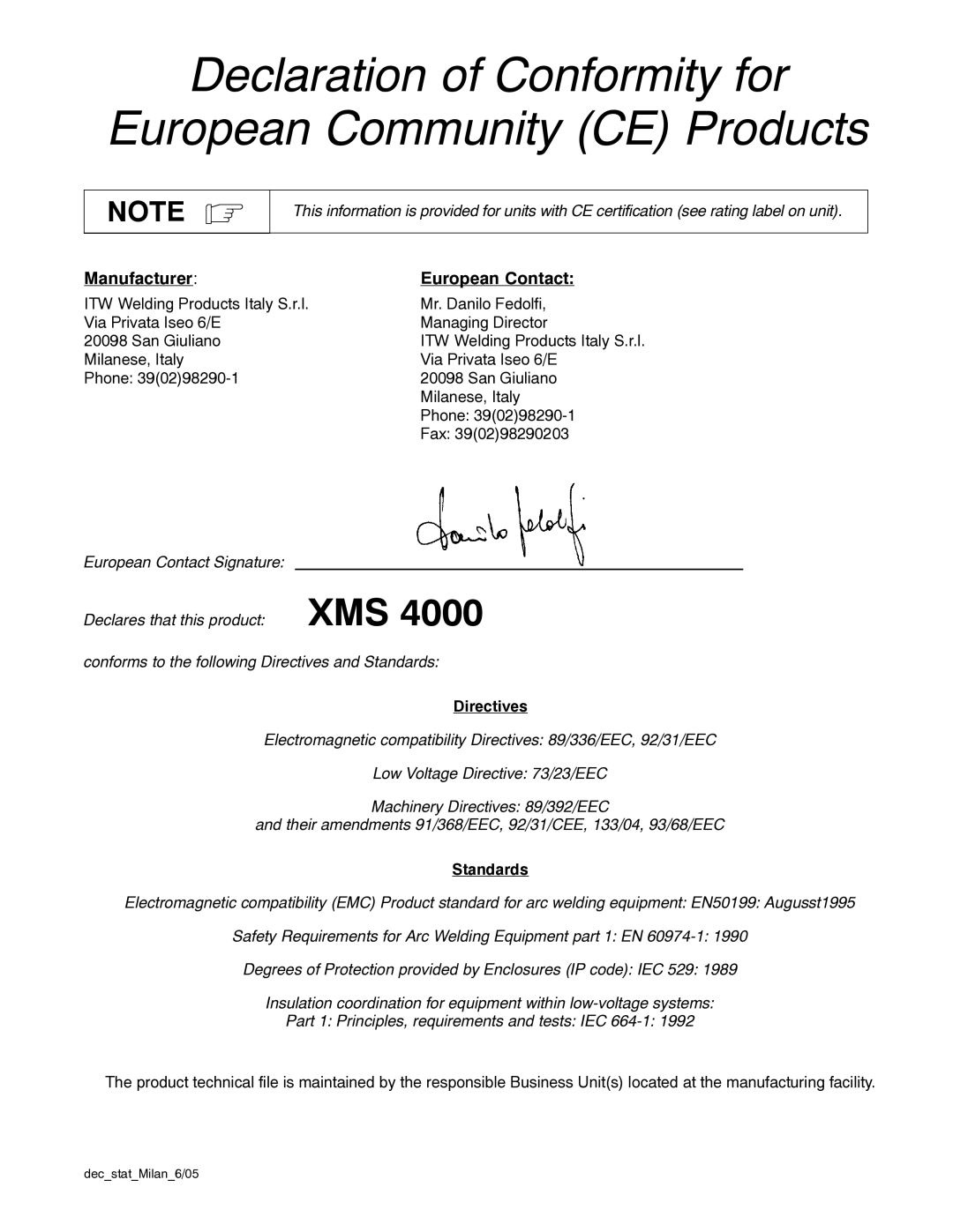 Miller Electric XMS 4000 manual Declaration of Conformity for European Community CE Products 