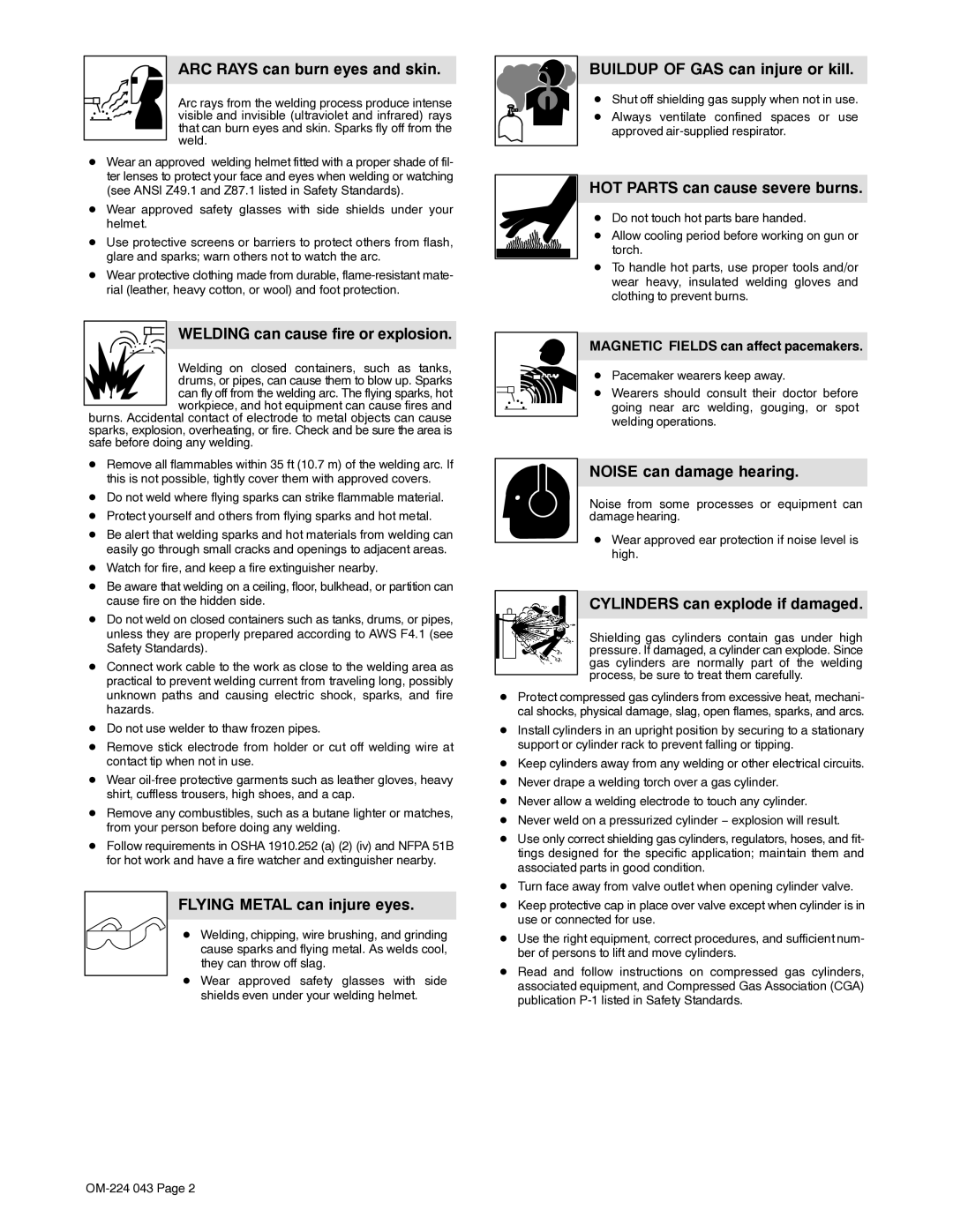 Miller Electric XMS 4000 manual ARC Rays can burn eyes and skin, Magnetic Fields can affect pacemakers 