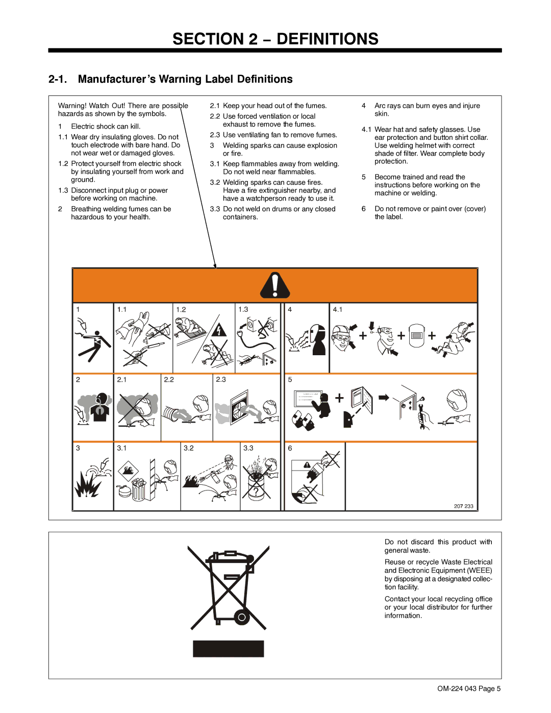 Miller Electric XMS 4000 manual Manufacturer’s Warning Label Definitions 