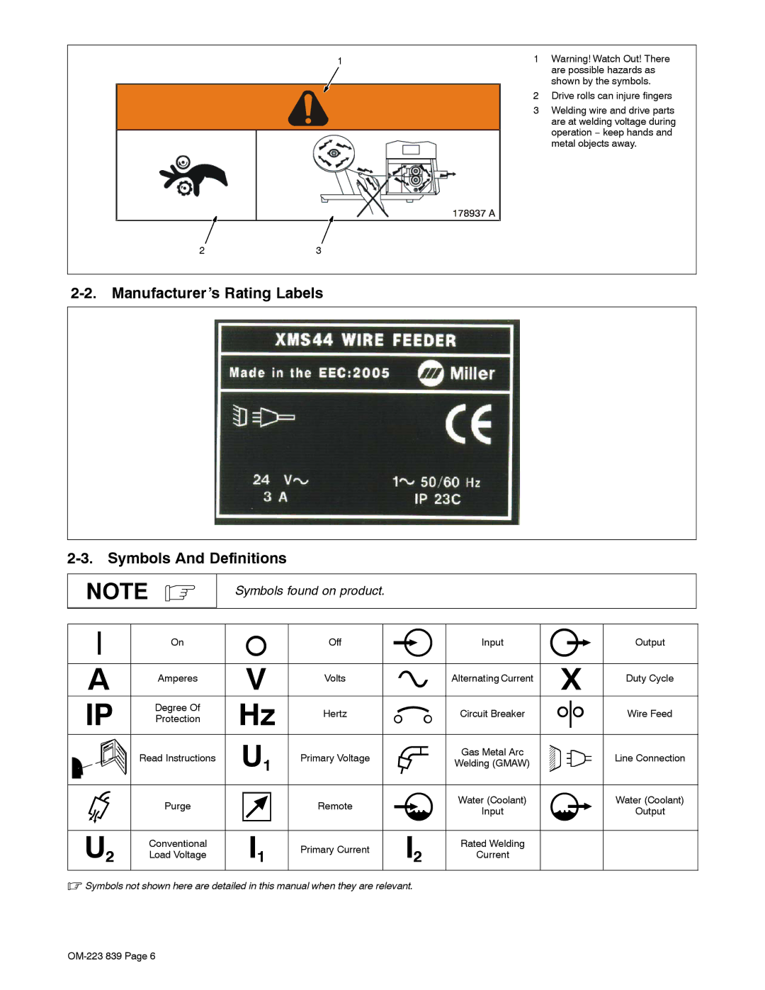 Miller Electric XMS 44 owner manual Manufacturer’s Rating Labels Symbols And Definitions, Symbols found on product 