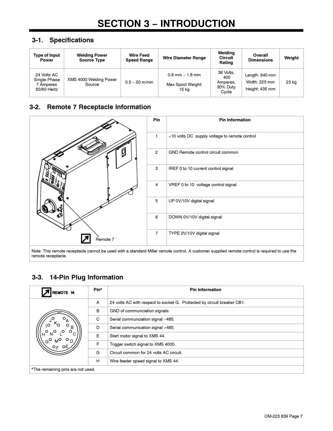 Miller Electric XMS 44 owner manual Introduction, Specifications, Remote 7 Receptacle Information, Pin Plug Information 