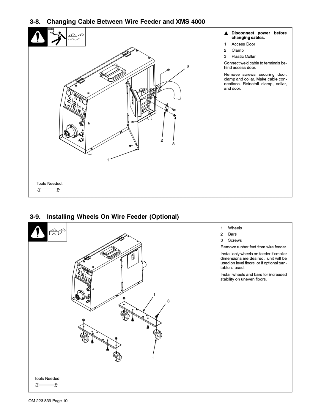 Miller Electric XMS 44 owner manual Changing Cable Between Wire Feeder and XMS, Installing Wheels On Wire Feeder Optional 