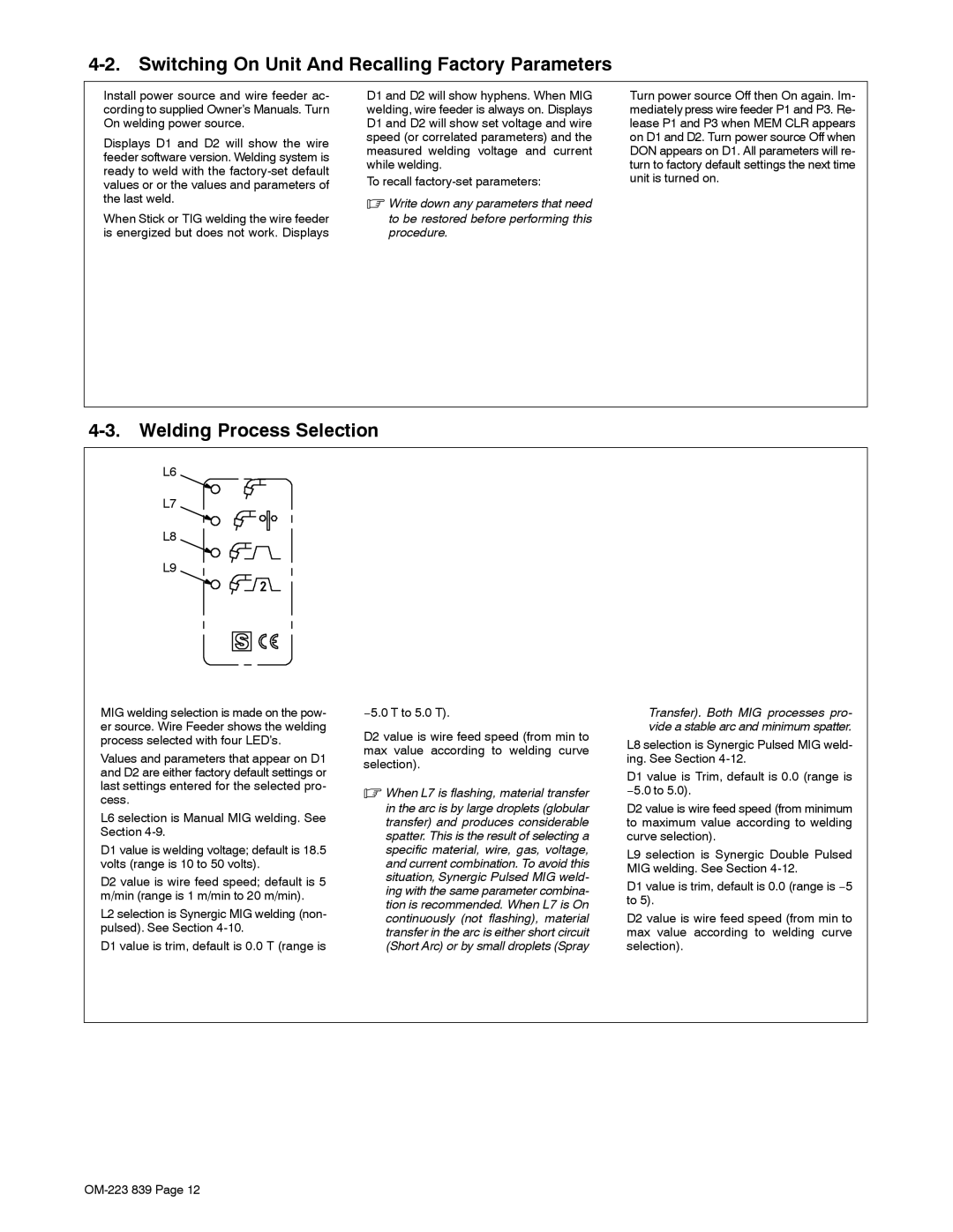 Miller Electric XMS 44 owner manual Switching On Unit And Recalling Factory Parameters, Welding Process Selection 