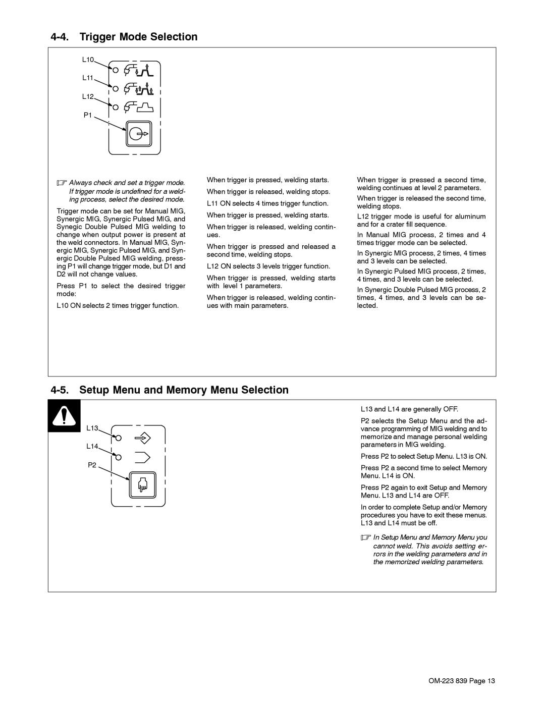 Miller Electric XMS 44 owner manual Trigger Mode Selection, Setup Menu and Memory Menu Selection 