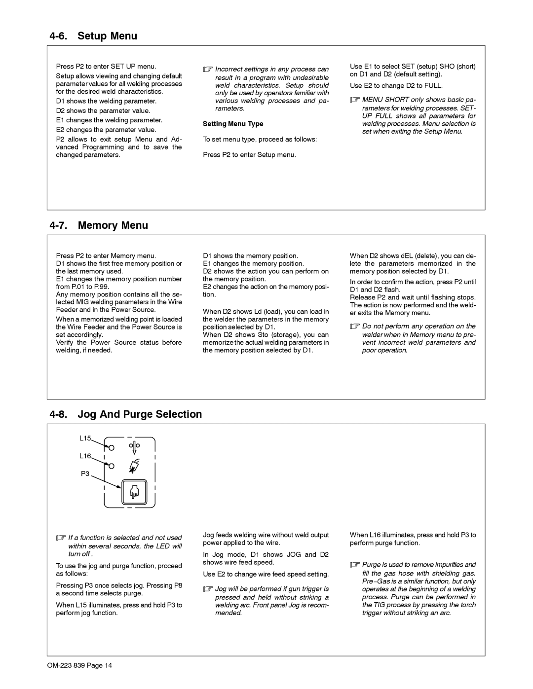 Miller Electric XMS 44 owner manual Setup Menu, Memory Menu, Jog And Purge Selection, Setting Menu Type 