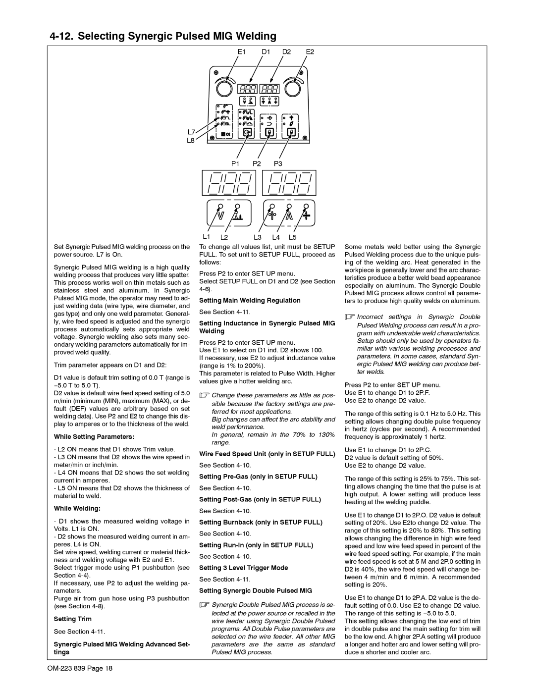 Miller Electric XMS 44 owner manual Selecting Synergic Pulsed MIG Welding, P1 P2 P3 